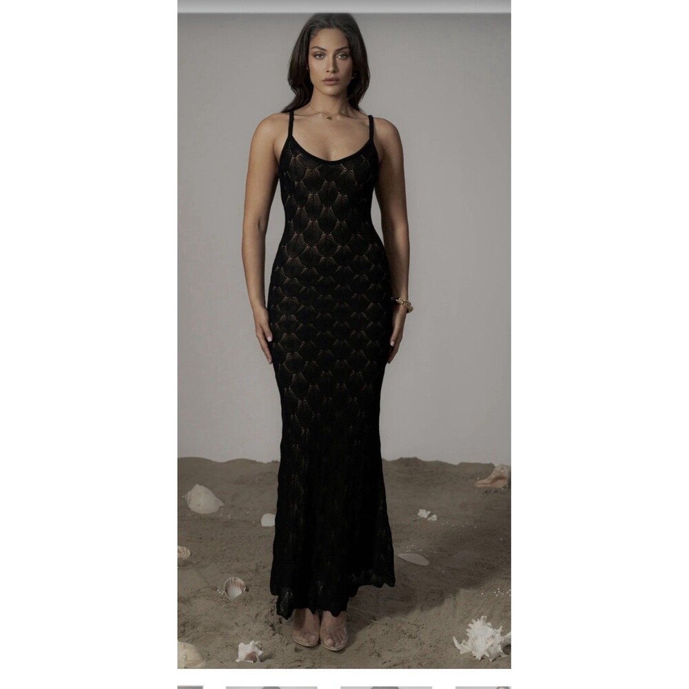 JLUXLABEL Gabriela Knit Maxi Dress Black Size S NWT Open Knit Lined